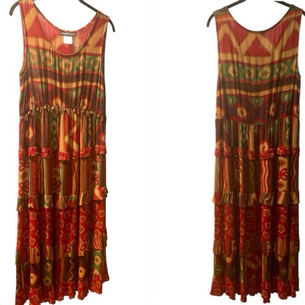 Vintage Carole Little Tiered Midi Maxi Dress Autumn Wood Bead Detail Small EUC